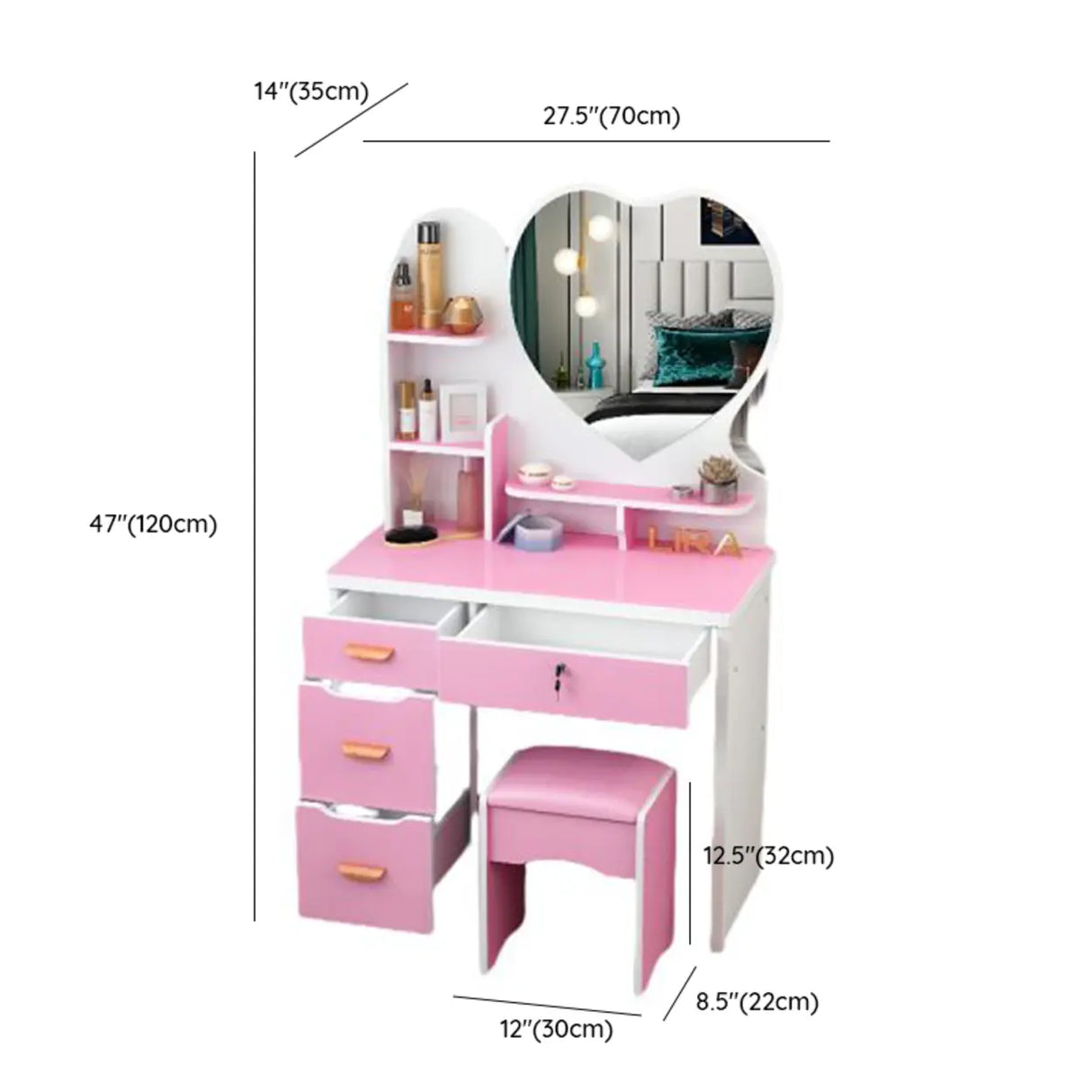 Mirrored Storage Wood Heart Kids Vanity Set with Stool Image - 12