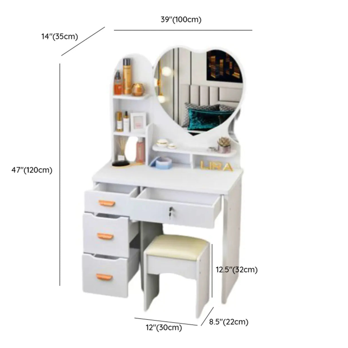 Mirrored Storage Wood Heart Kids Vanity Set with Stool Image - 13