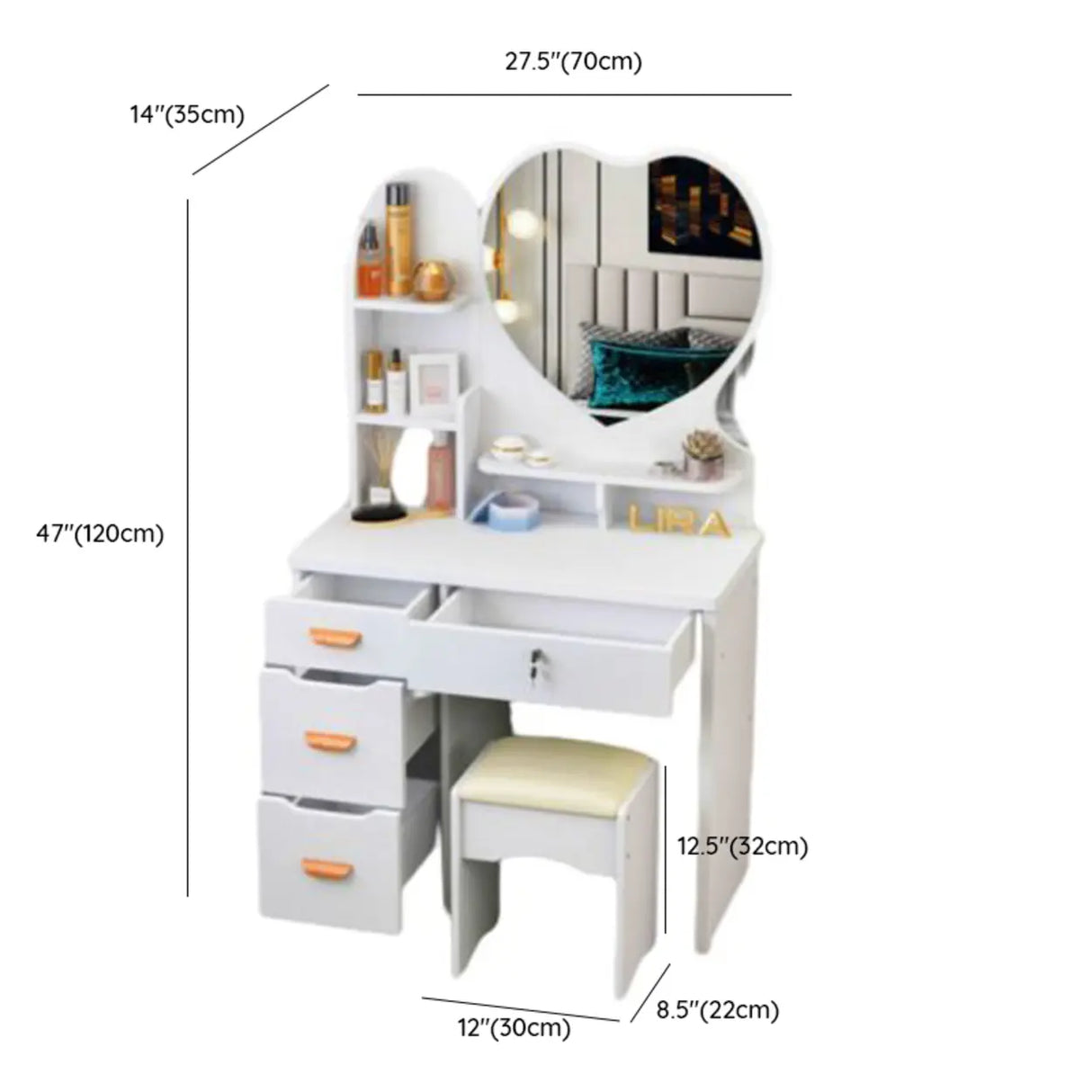 Mirrored Storage Wood Heart Kids Vanity Set with Stool Image - 14
