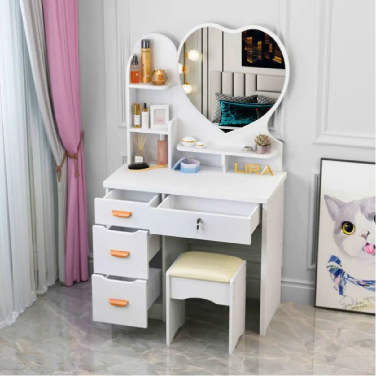 Mirrored Storage Wood Heart Kids Vanity Set with Stool Image - 2