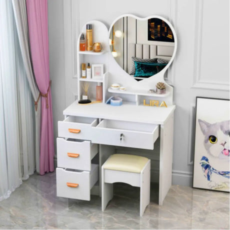 Mirrored Storage Wood Heart Kids Vanity Set with Stool Image - 2