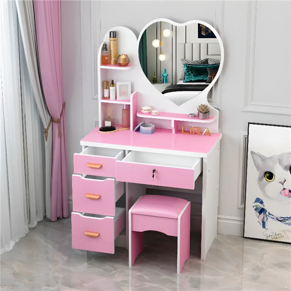 Mirrored Storage Wood Heart Kids Vanity Set with Stool Image - 3