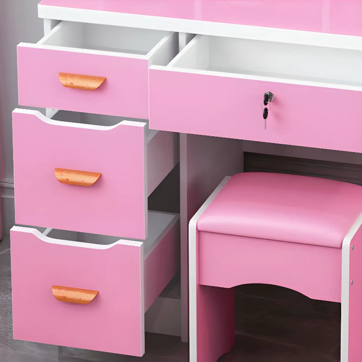 Mirrored Storage Wood Heart Kids Vanity Set with Stool Image - 4