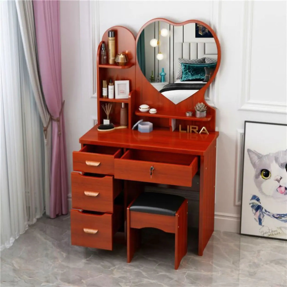 Mirrored Storage Wood Heart Kids Vanity Set with Stool Image - 5