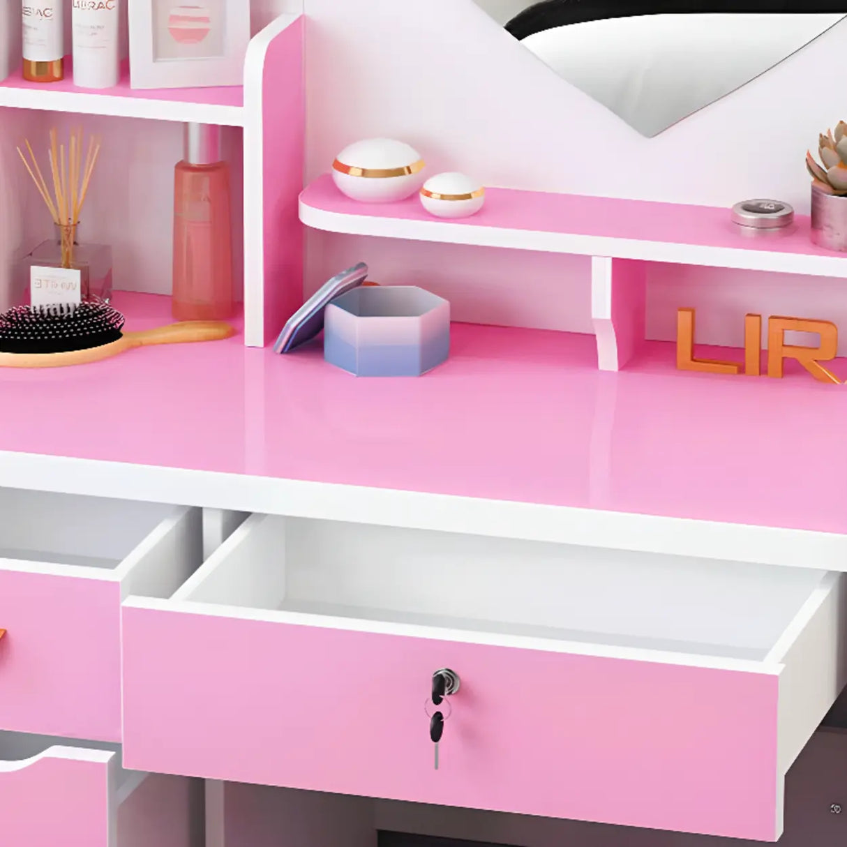 Mirrored Storage Wood Heart Kids Vanity Set with Stool Image - 6