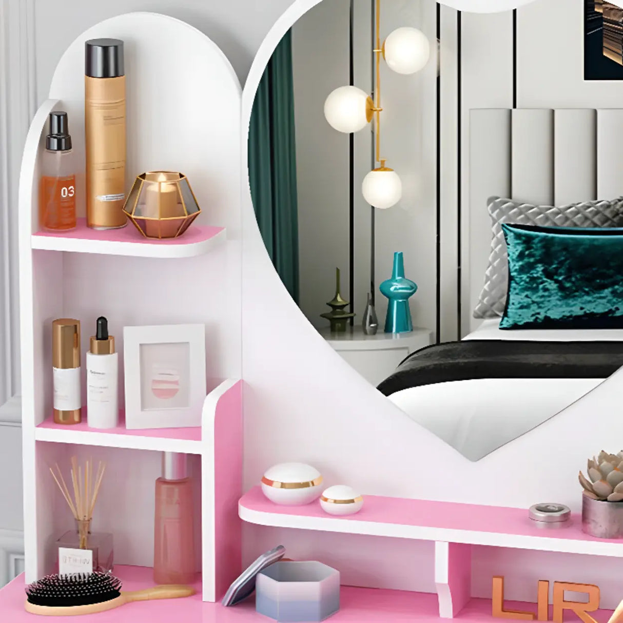 Mirrored Storage Wood Heart Kids Vanity Set with Stool Image - 7