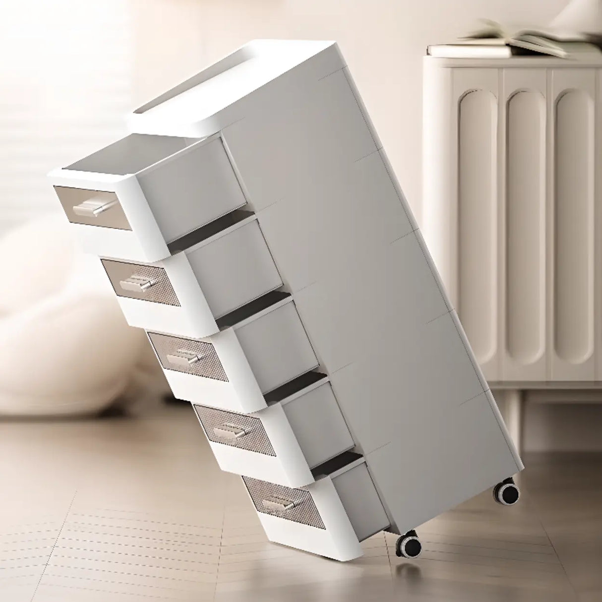 Mobile White Tip Resistant Kids Nightstand with Drawers Image - 4