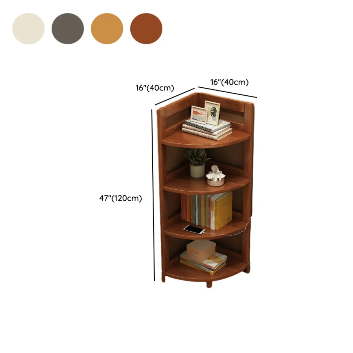 Modern 4 Open Shelves Rubberwood Corner Bookshelf 