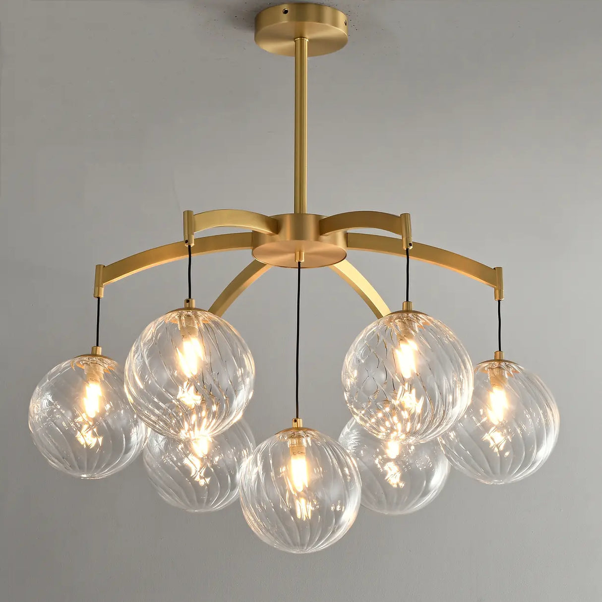 Modern 7-Light  Brass Branch Textured Glass Globe Chandelier Image - 2