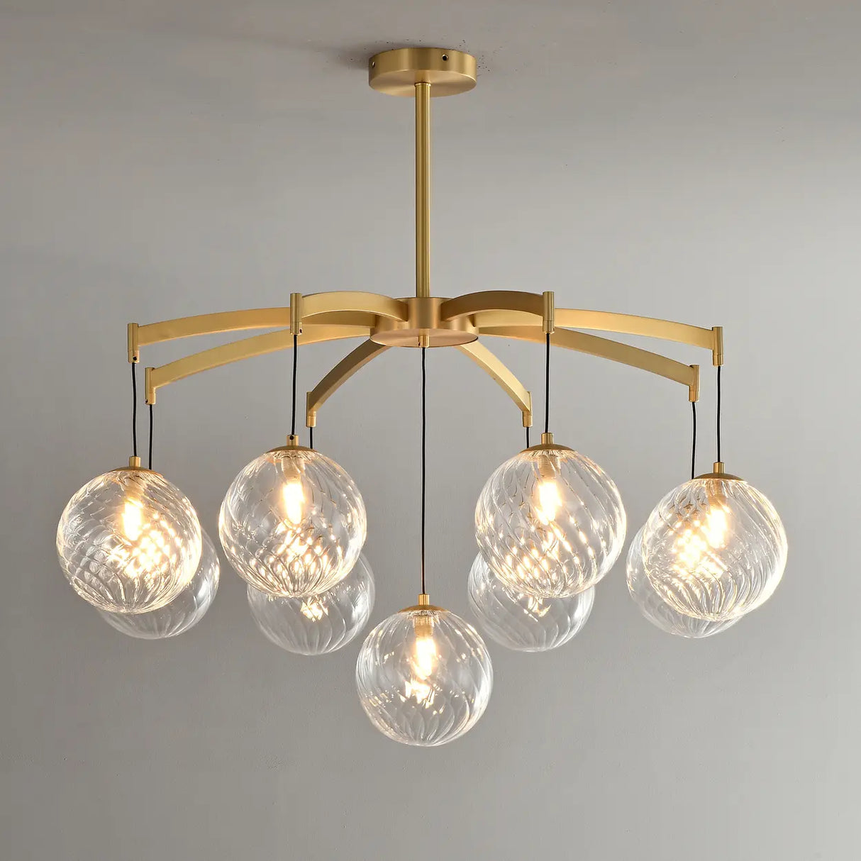Modern 7-Light  Brass Branch Textured Glass Globe Chandelier Image - 3