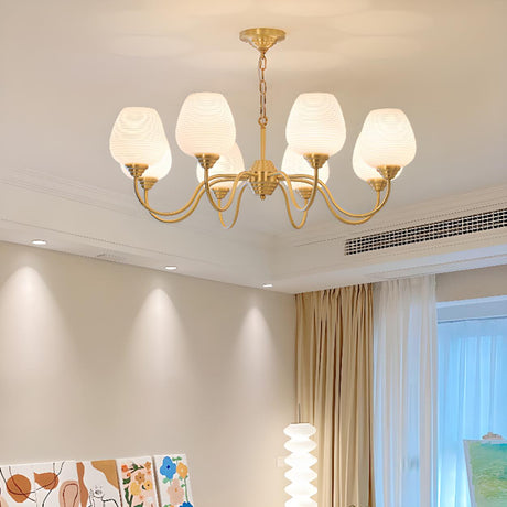 Modern 8- Light Brass Ripple White Glass Chandelier Image - 1