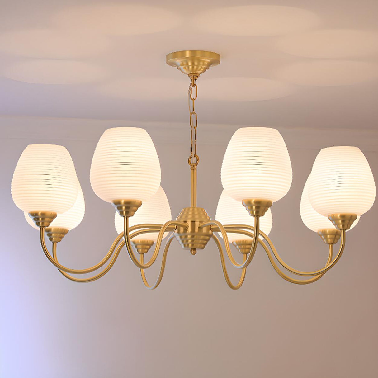 Modern 8- Light Brass Ripple White Glass Chandelier Image - 10