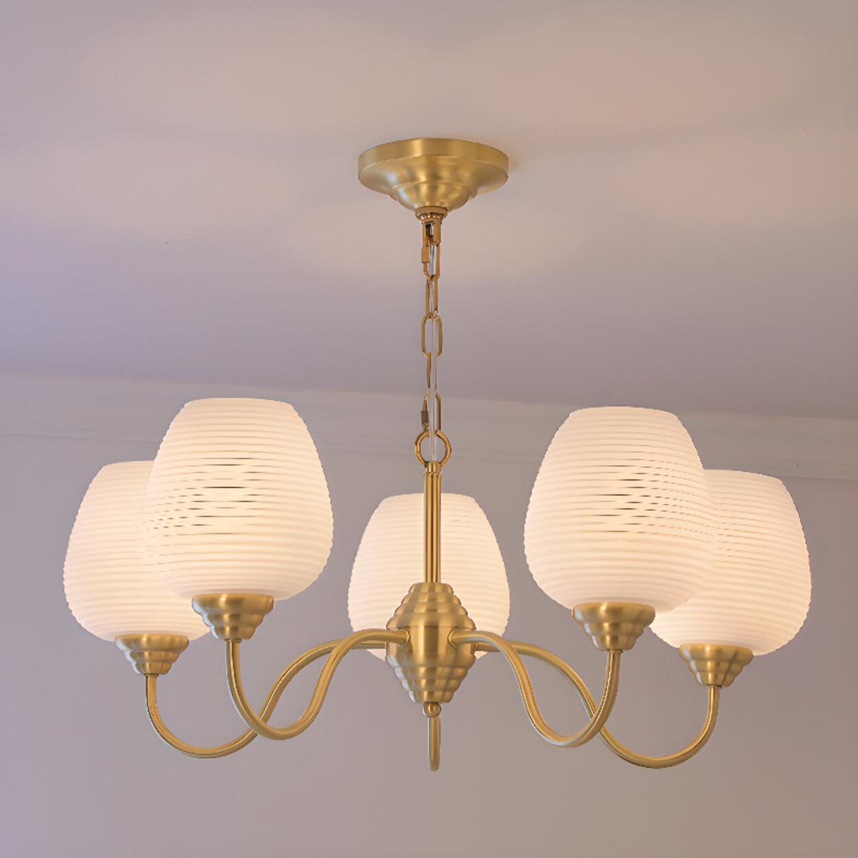 Modern 8- Light Brass Ripple White Glass Chandelier Image - 11