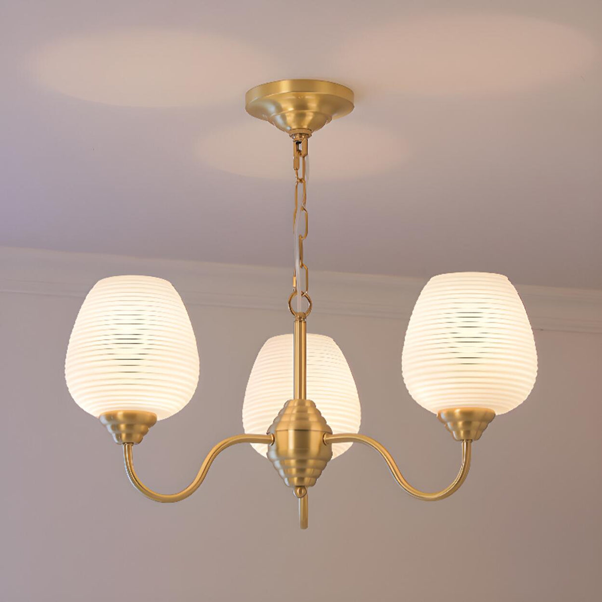 Modern 8- Light Brass Ripple White Glass Chandelier Image - 12