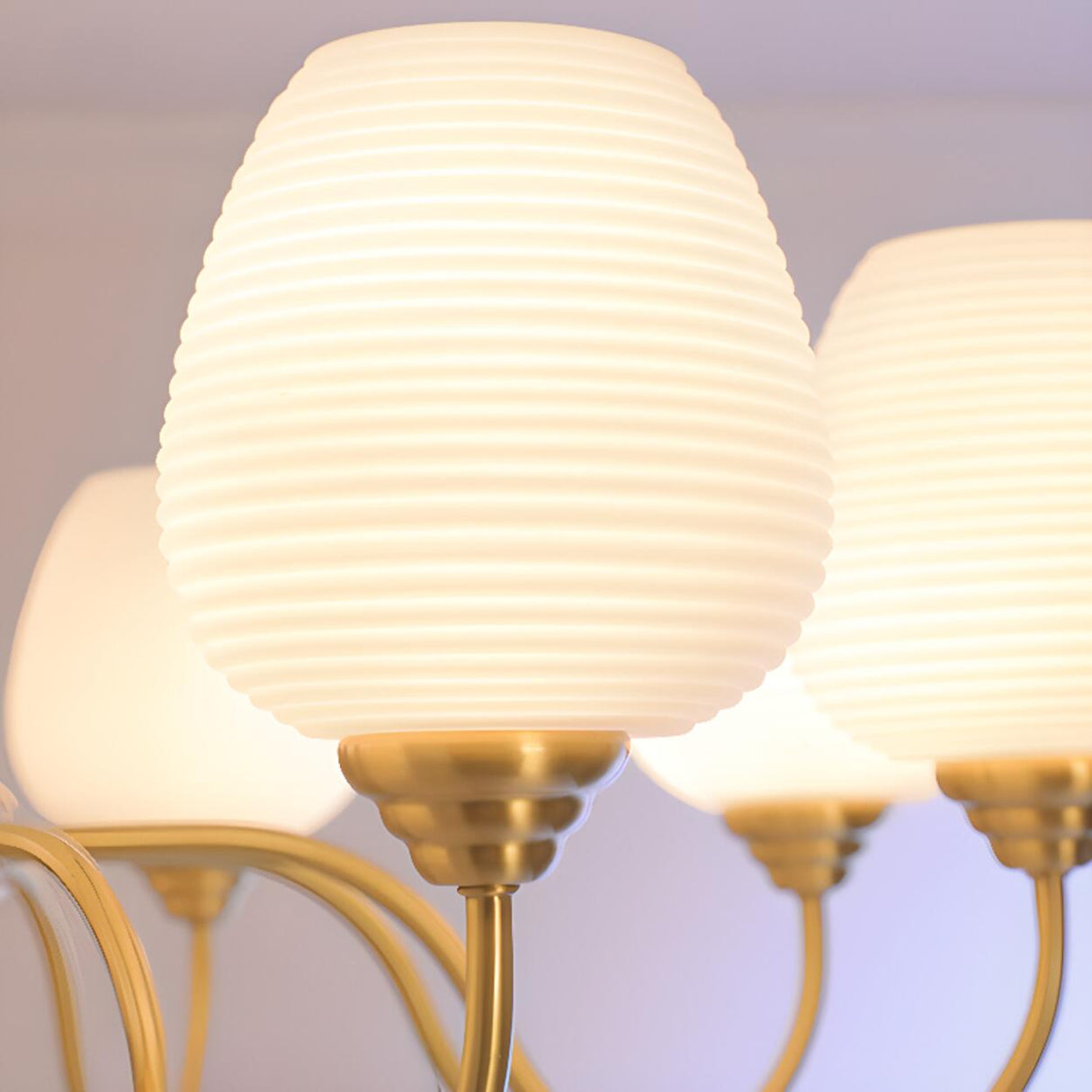 Modern 8- Light Brass Ripple White Glass Chandelier Image - 13