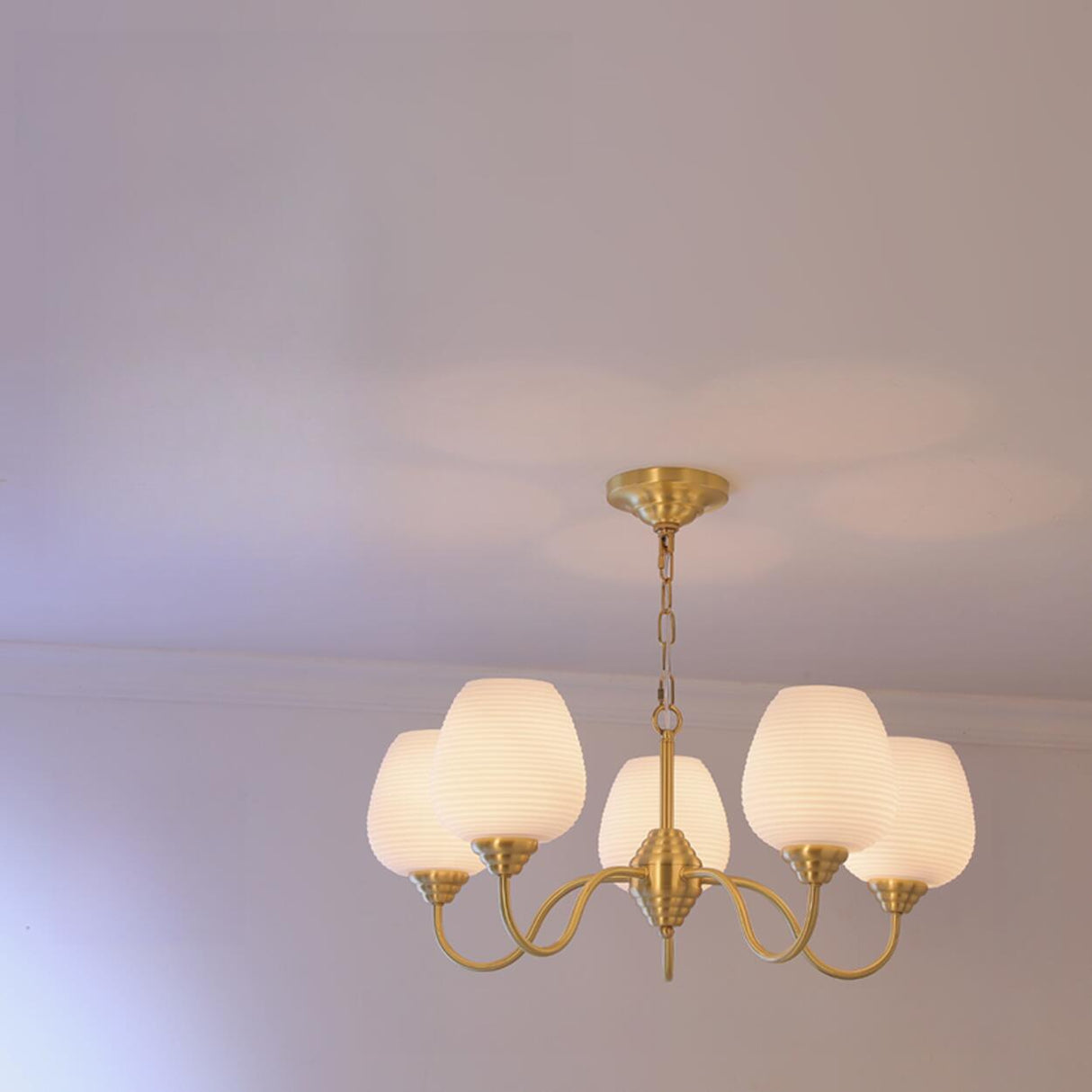 Modern 8- Light Brass Ripple White Glass Chandelier Image - 3