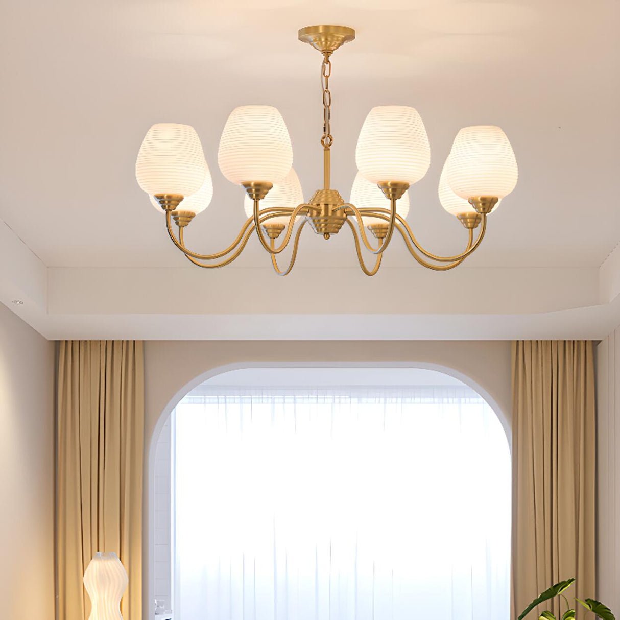 Modern 8- Light Brass Ripple White Glass Chandelier Image - 4