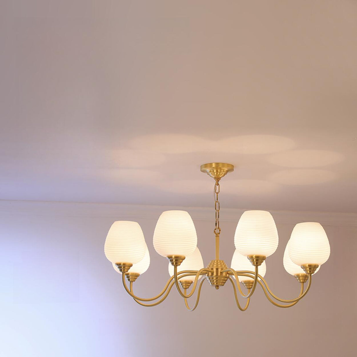 Modern 8- Light Brass Ripple White Glass Chandelier Image - 5