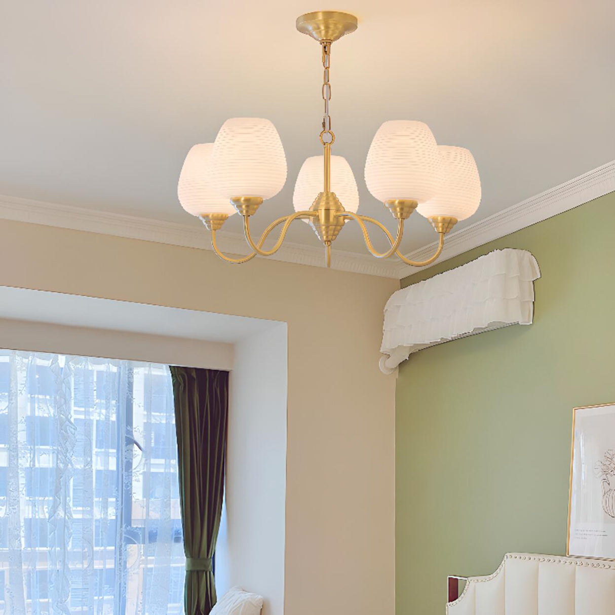 Modern 8- Light Brass Ripple White Glass Chandelier Image - 6