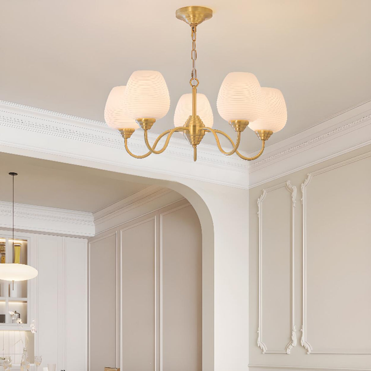 Modern 8- Light Brass Ripple White Glass Chandelier Image - 7
