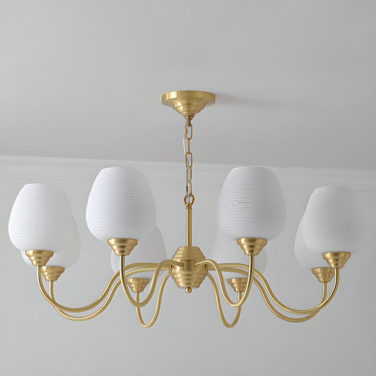 Modern 8- Light Brass Ripple White Glass Chandelier Image - 8