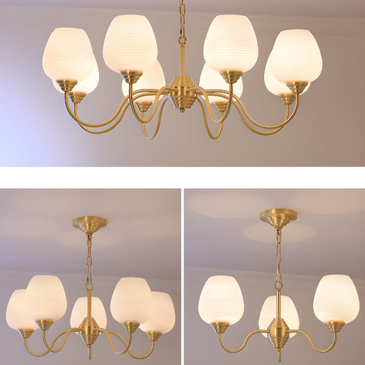 Modern 8- Light Brass Ripple White Glass Chandelier Image - 9