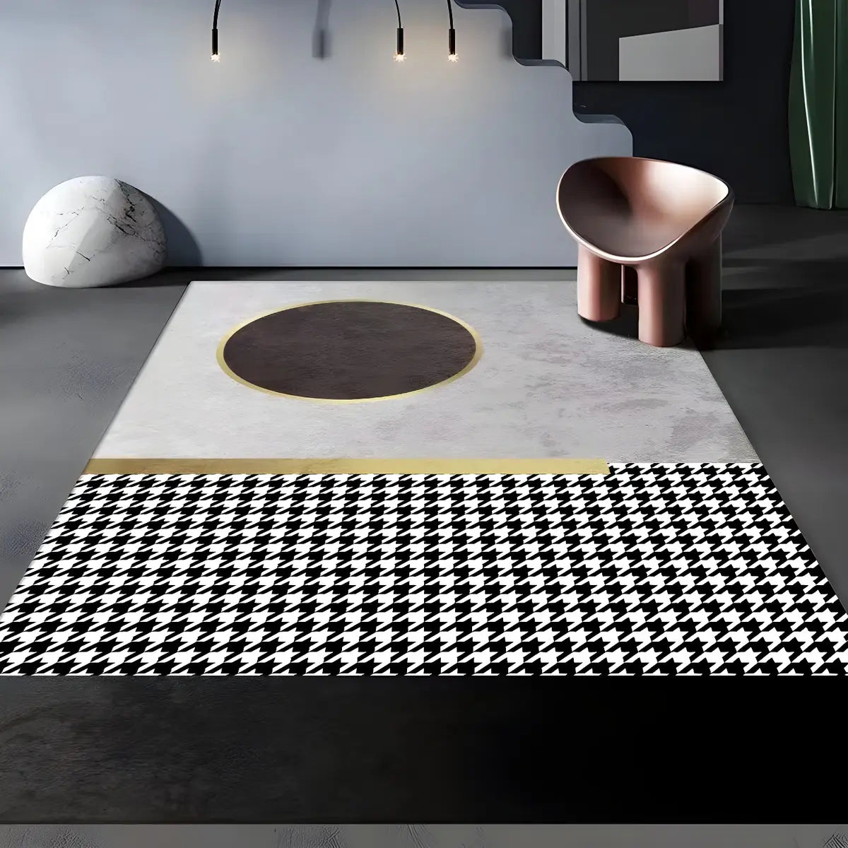 Modern Abstract Polyester Black and Gold Area Rug Image - 3