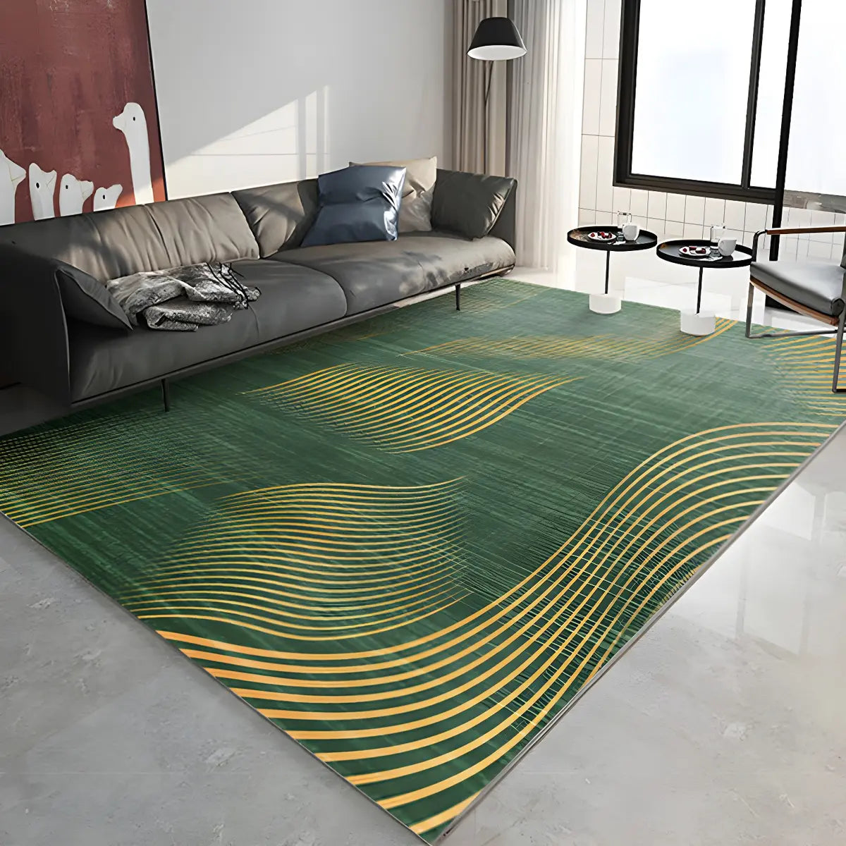 Modern Abstract Polyester Rectangular Green Area Rug Image - 4