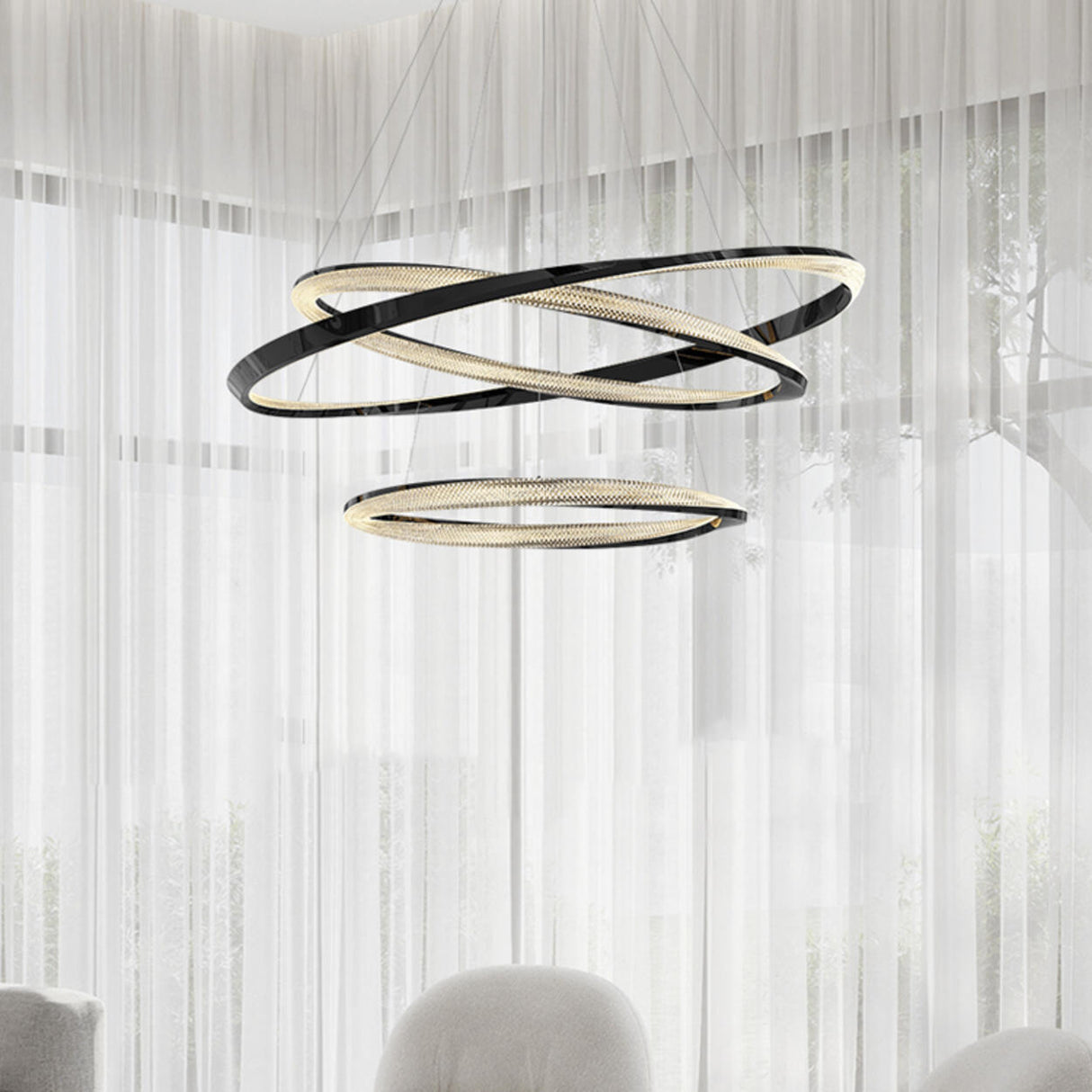 Modern Acrylic Ring Black and Gold Pendant  Chandelier Image - 8