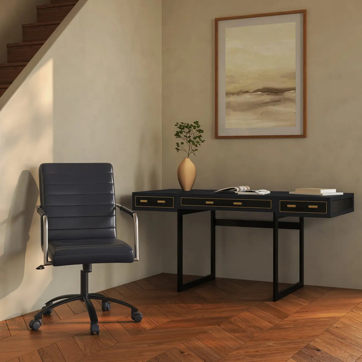 Modern Adjustable Black Leather Swivel Office Chair Image - 4
