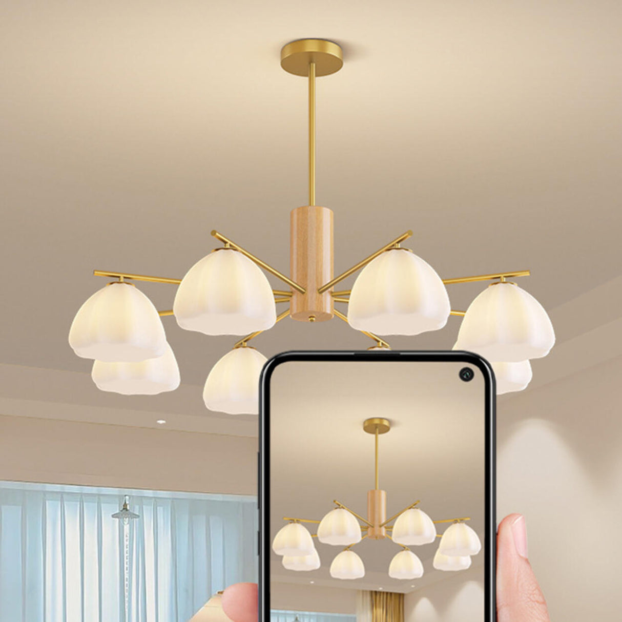 Modern Adjustable Height Wood and Brass Round Chandelier Image - 11