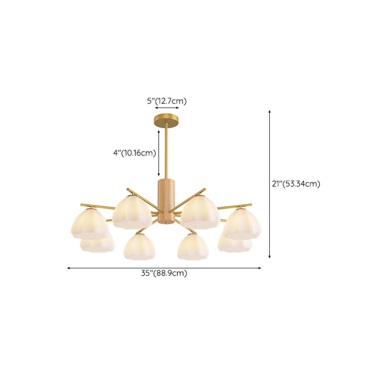 Modern Adjustable Height Wood and Brass Round Chandelier Image - 17