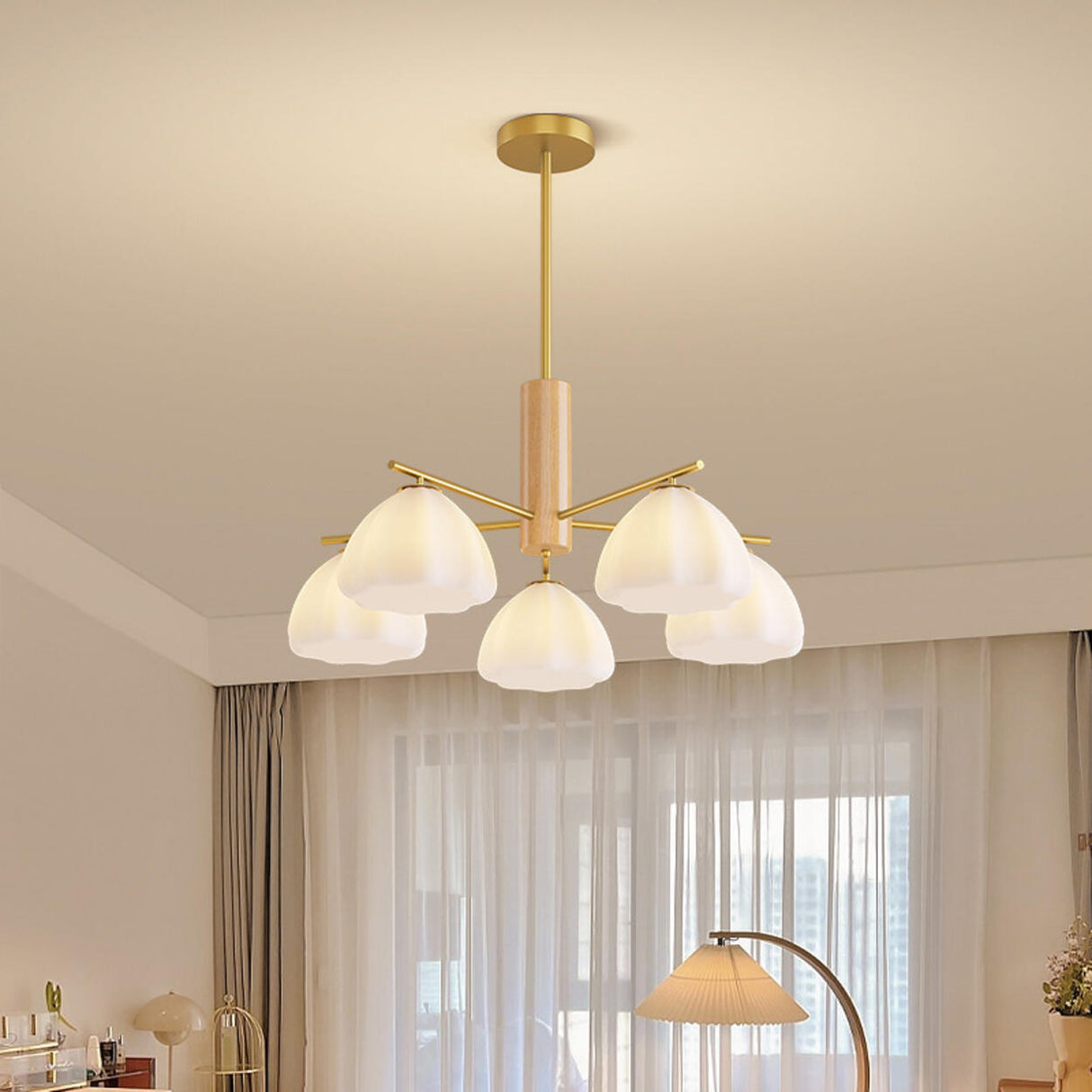 Modern Adjustable Height Wood and Brass Round Chandelier Image - 3