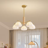 Modern Adjustable Height Wood and Brass Round Chandelier Image - 3