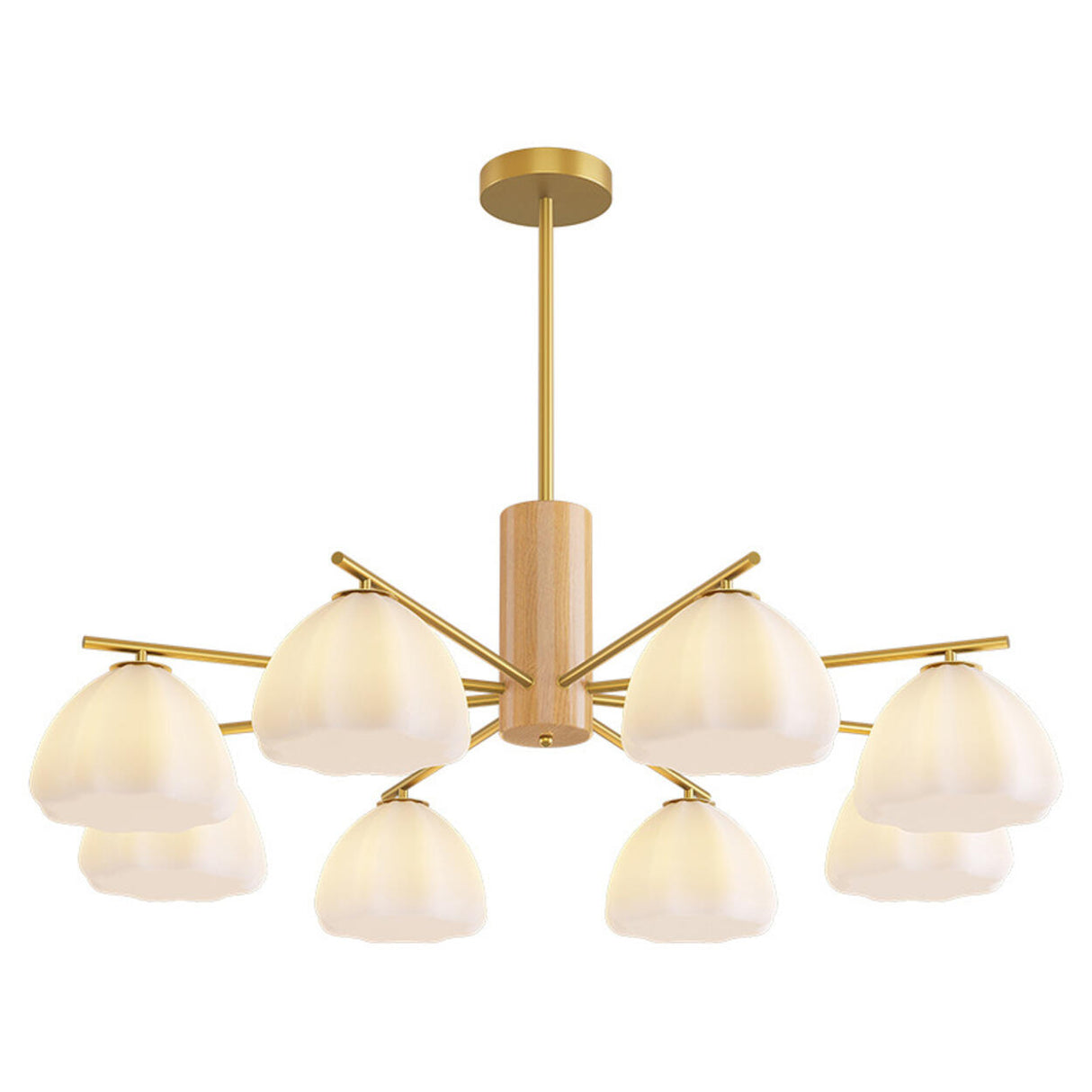 Modern Adjustable Height Wood and Brass Round Chandelier Image - 5