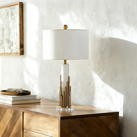 Modern Alabaster Stone Cylindrical White Shade LED Table Lamp Image - 1