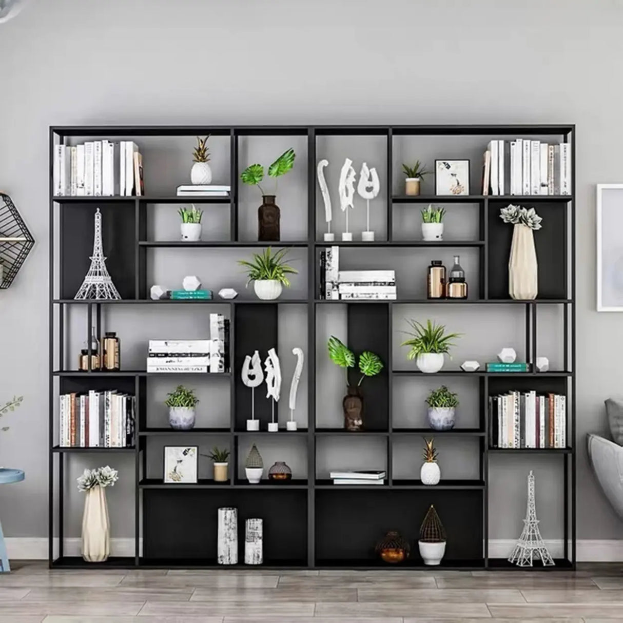Modern Alloy Storage Shelf Open Back Bookshelf Black Image - 1