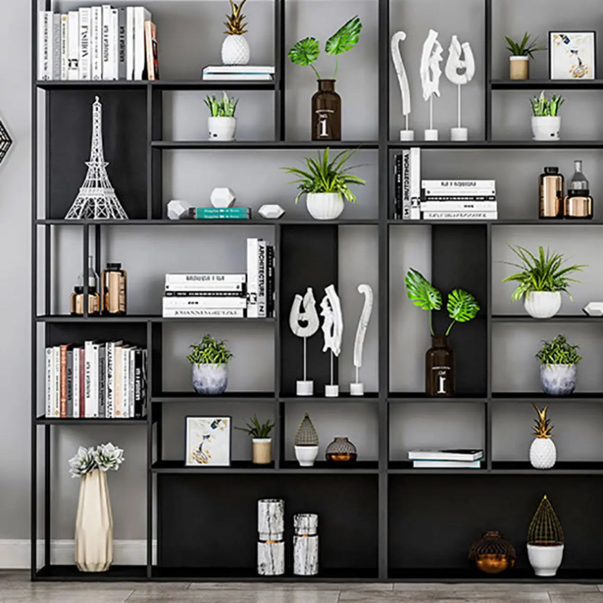 Modern Alloy Storage Shelf Open Back Bookshelf Black Image - 10