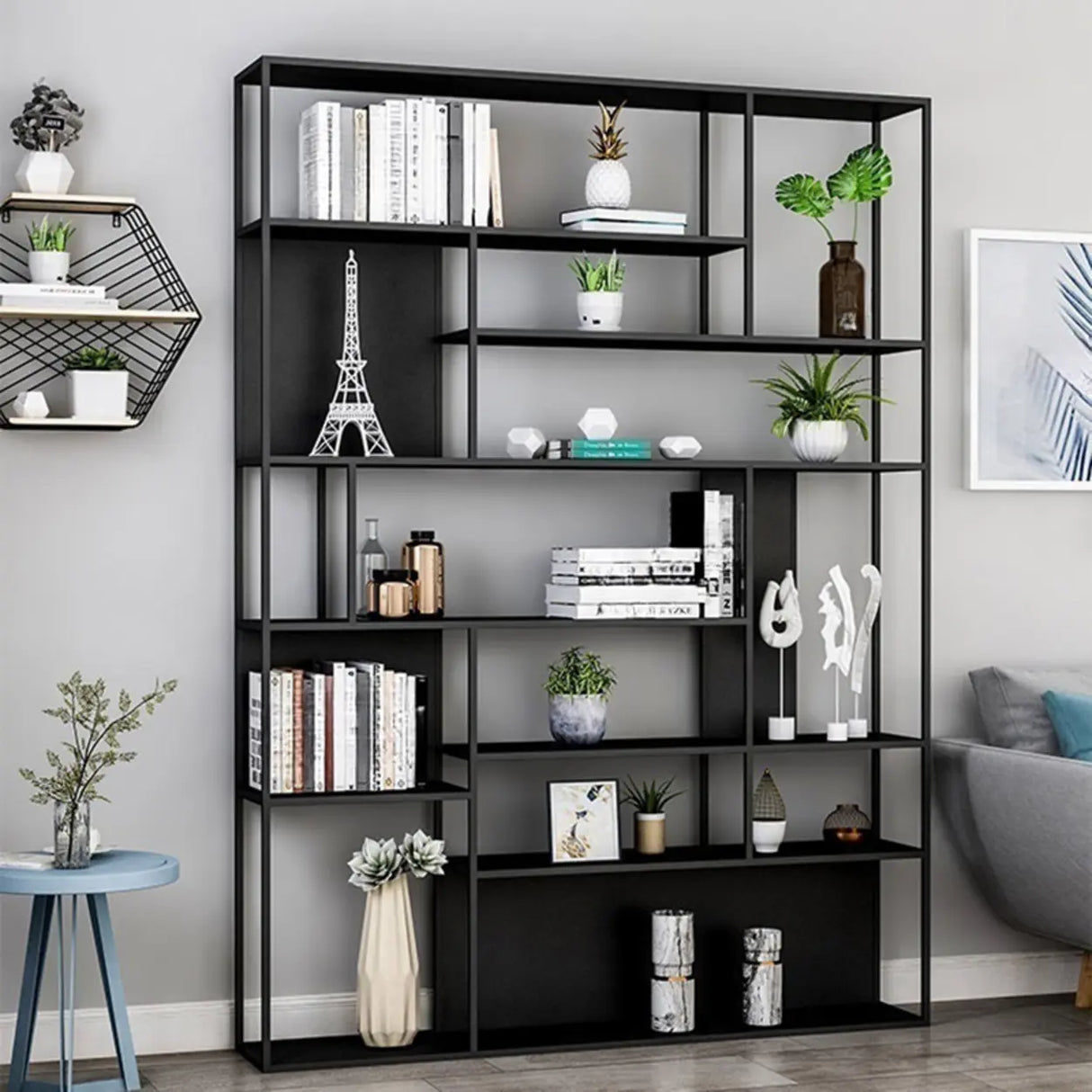 Modern Alloy Storage Shelf Open Back Bookshelf Black Image - 5