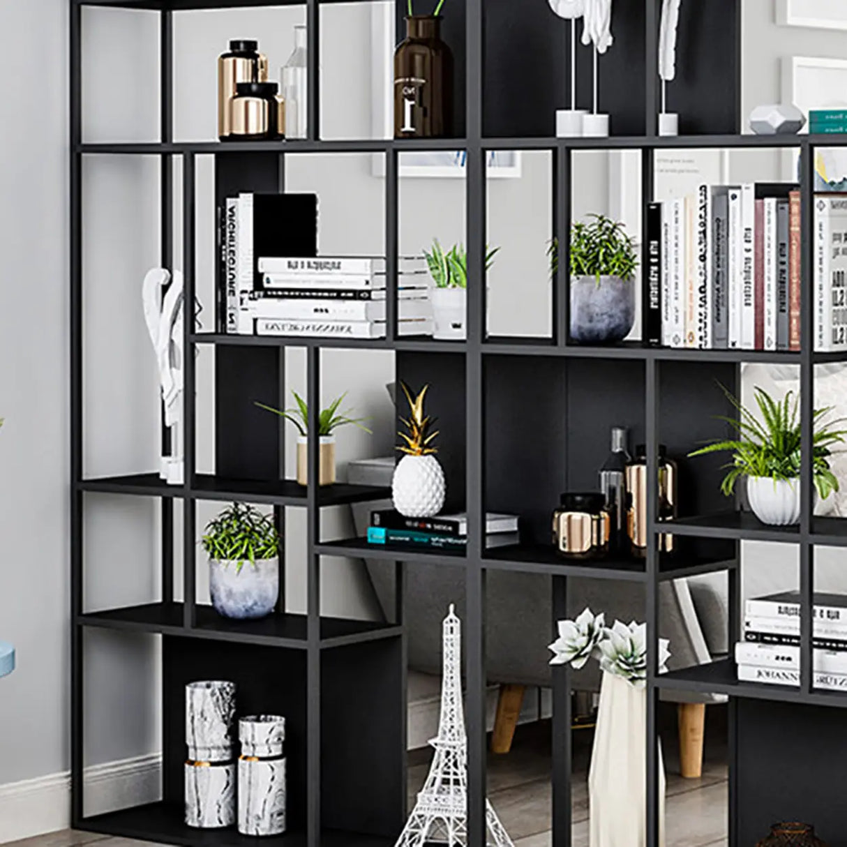 Modern Alloy Storage Shelf Open Back Bookshelf Black Image - 8
