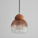 Modern Amber Glass Dome Wood Globe Pendant Light Image - 11
