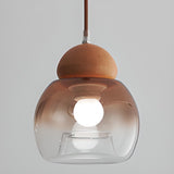 Modern Amber Glass Dome Wood Globe Pendant Light Image - 12