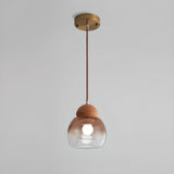 Modern Amber Glass Dome Wood Globe Pendant Light Image - 2