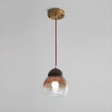 Modern Amber Glass Dome Wood Globe Pendant Light Image - 3