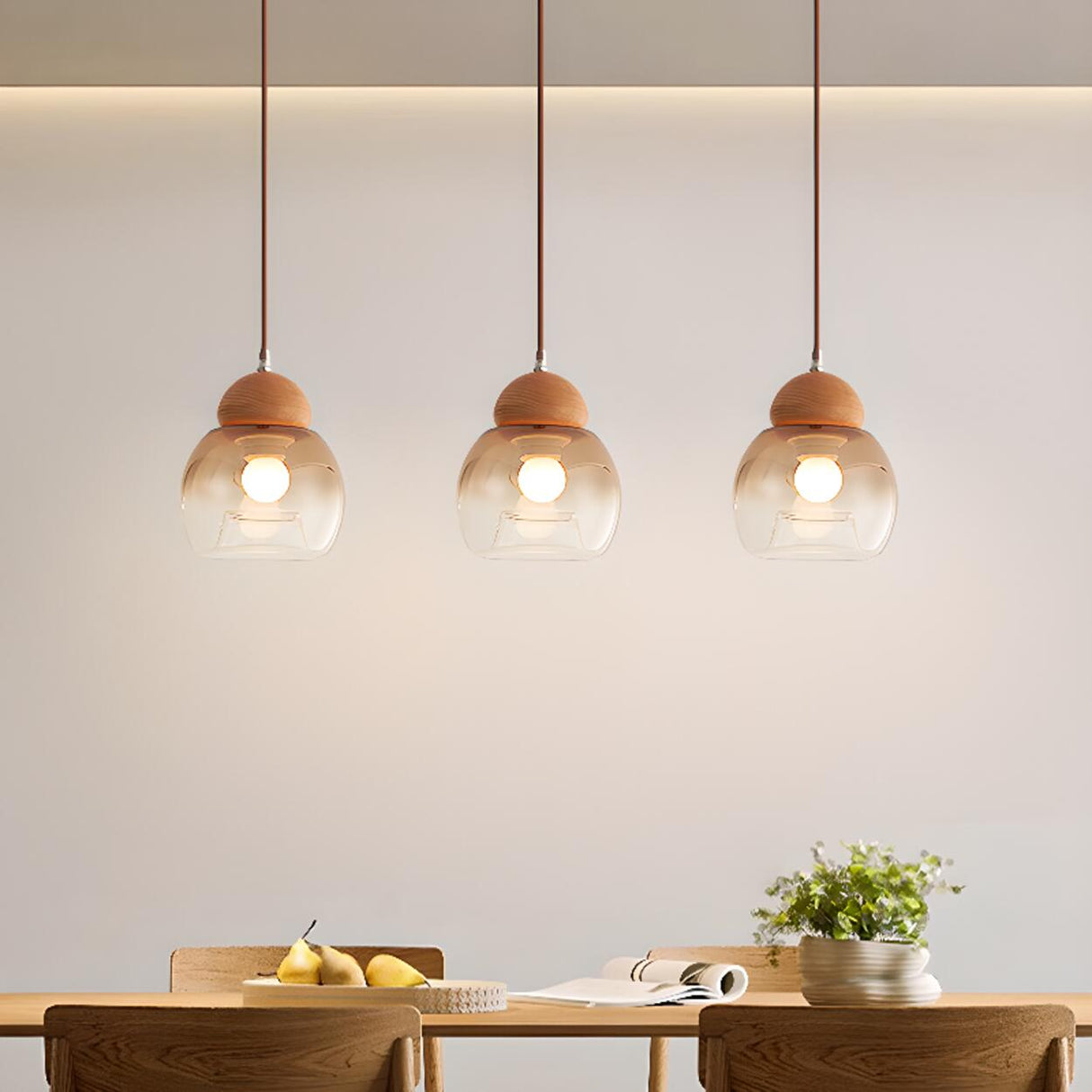 Modern Amber Glass Dome Wood Globe Pendant Light Image - 4