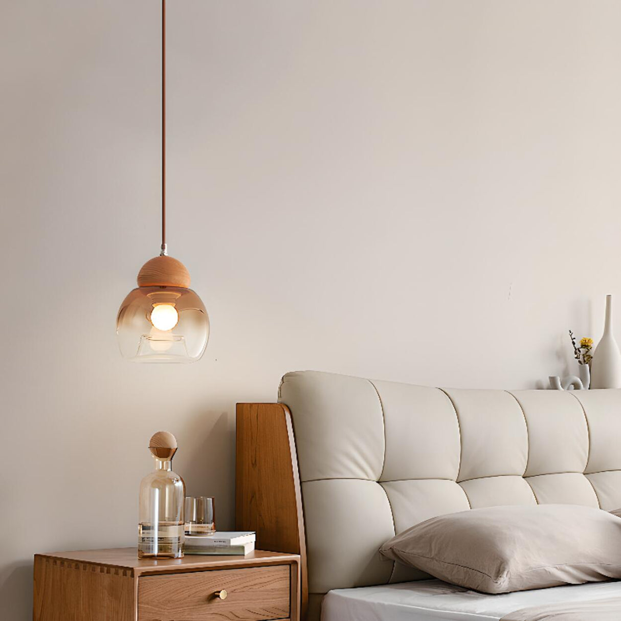 Modern Amber Glass Dome Wood Globe Pendant Light Image - 5