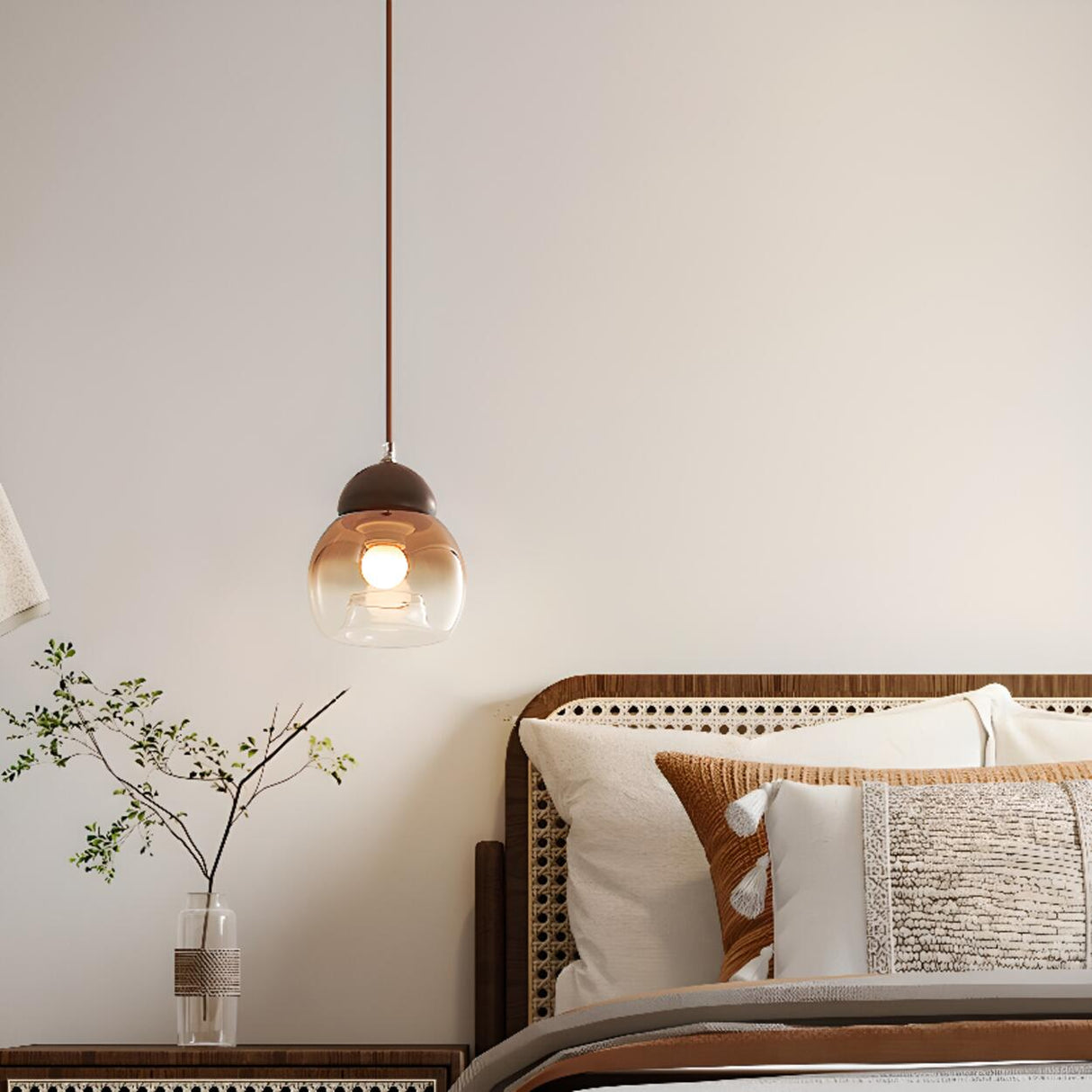 Modern Amber Glass Dome Wood Globe Pendant Light Image - 6
