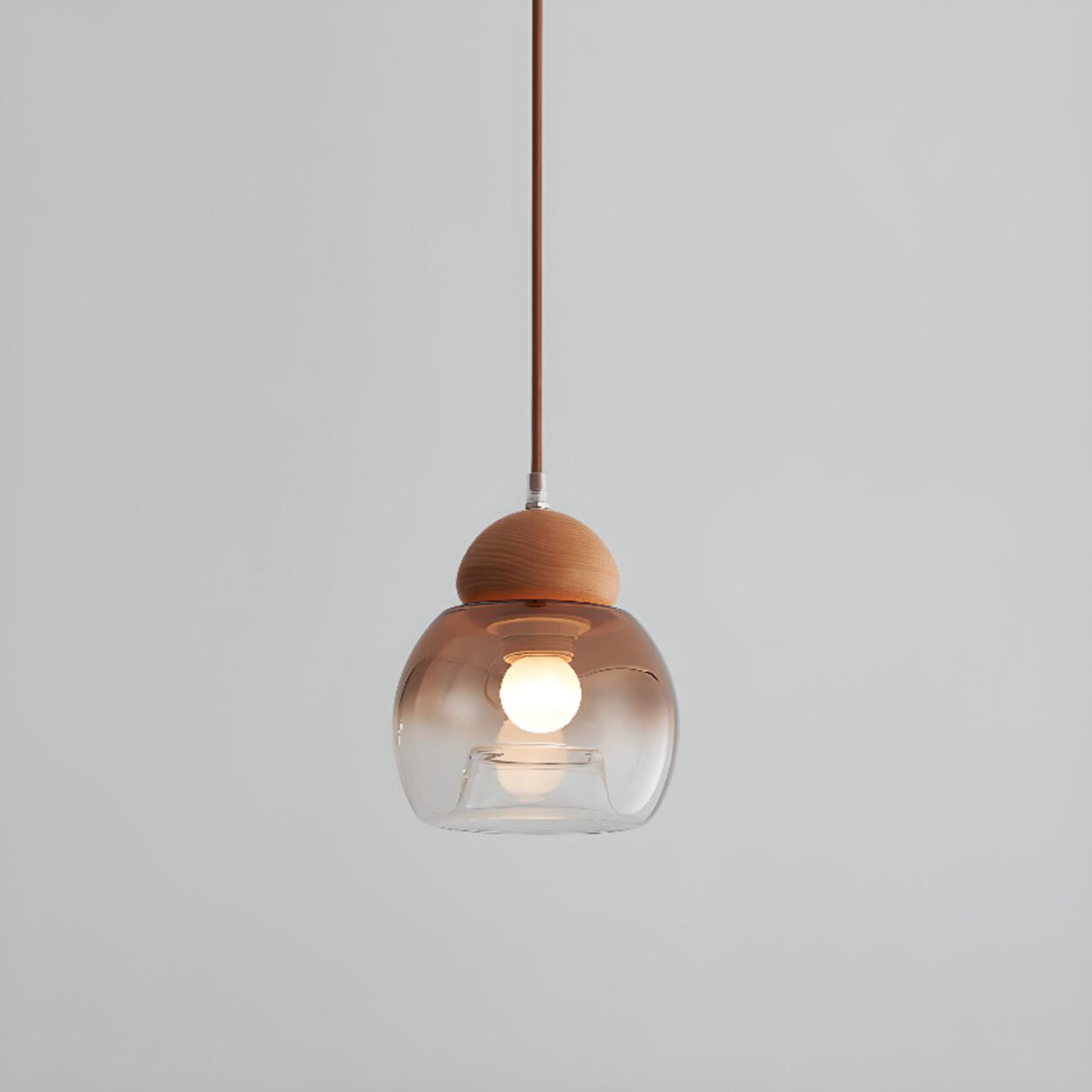 Modern Amber Glass Dome Wood Globe Pendant Light Image - 7