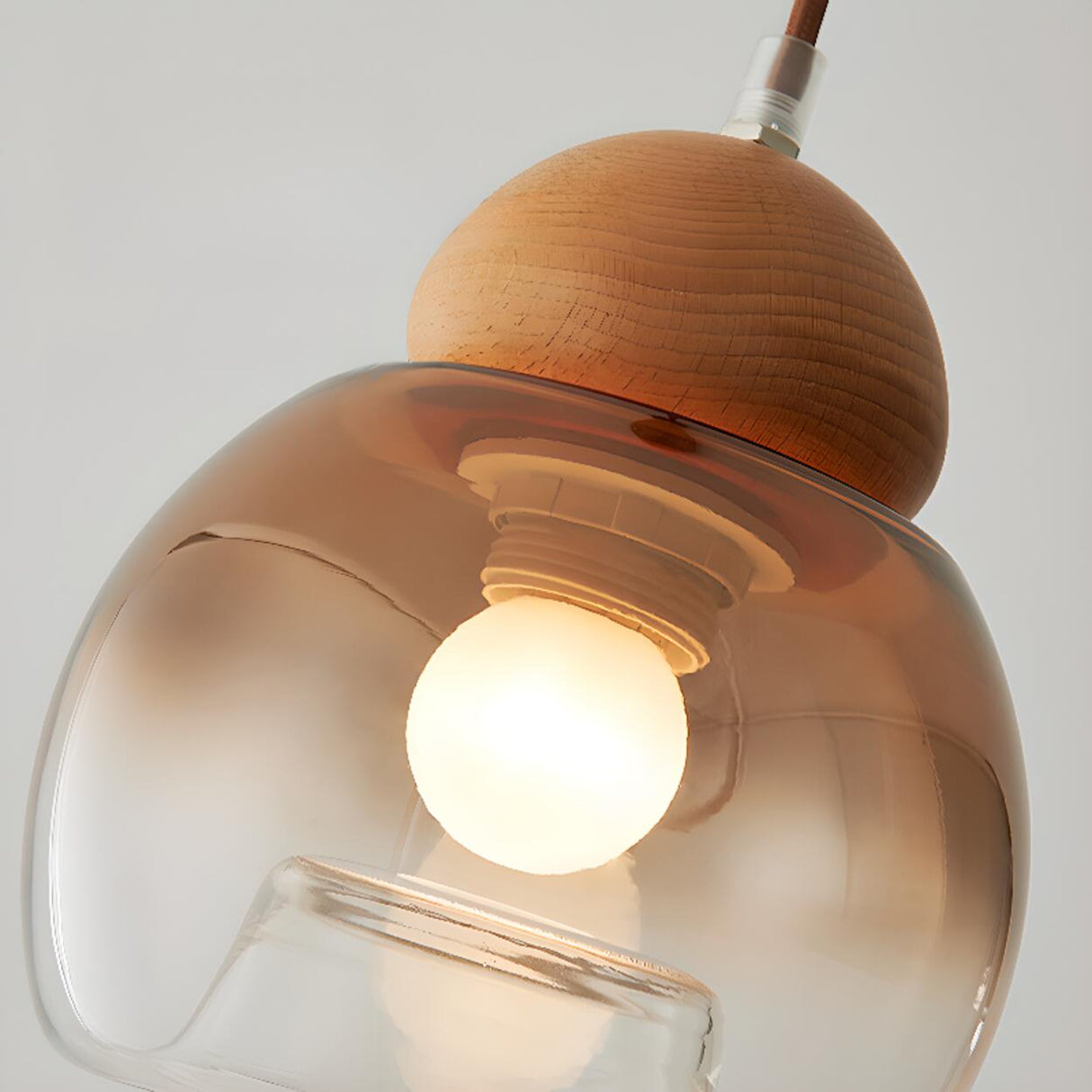 Modern Amber Glass Dome Wood Globe Pendant Light Image - 9