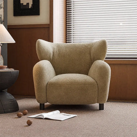 Modern Apricot Chenille Fabric Wingback Accent Chair with Arms Image - 2